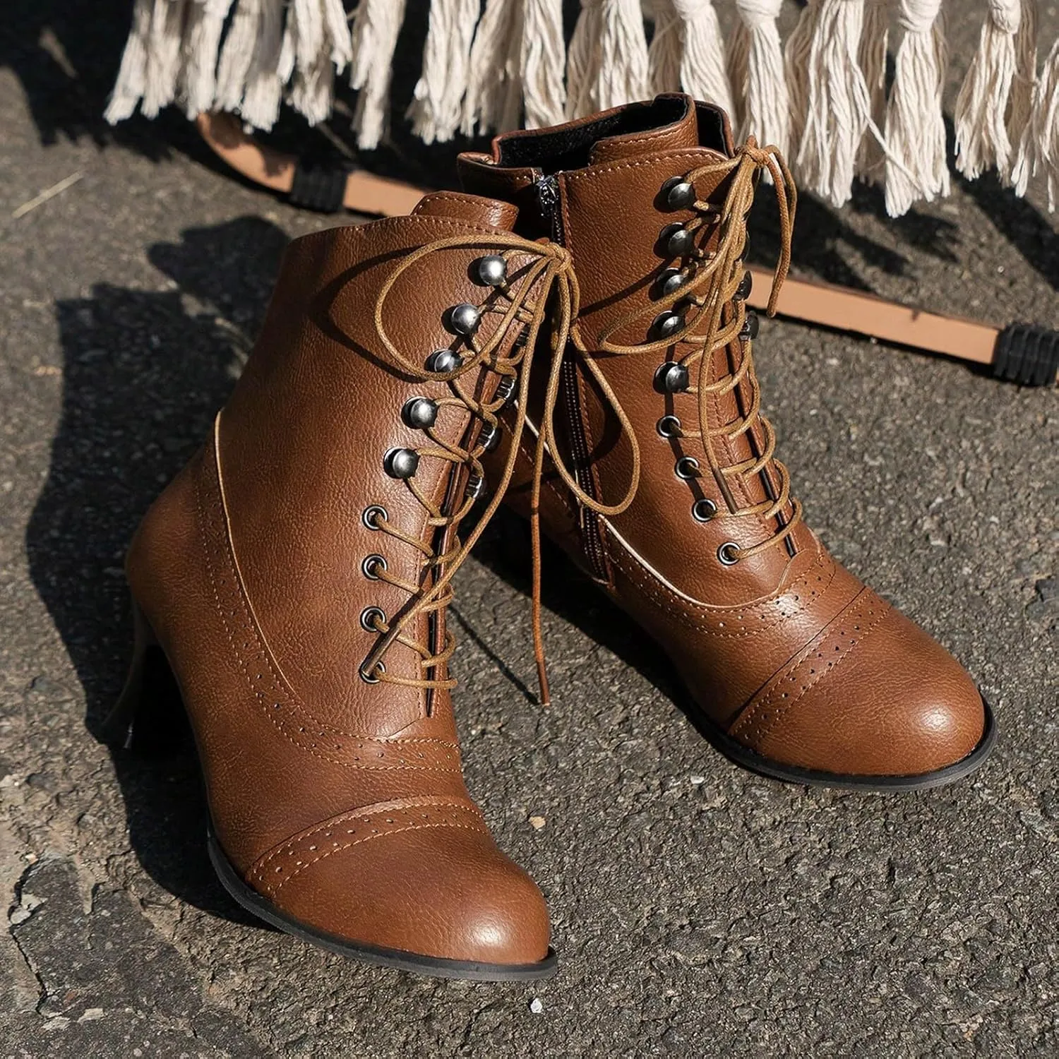 Womens Short Ankle Boots Lace Up for Women Side Zipper Victorian Booties Closed Toe Block Chunky Mid Heel Shoes