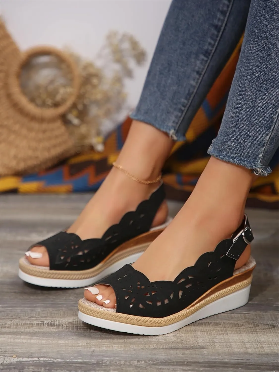 Women's Slingback Sandal Comfortable Platform Sandals Heel Cut-Out Vamp Peep Toe Buckle Sandals