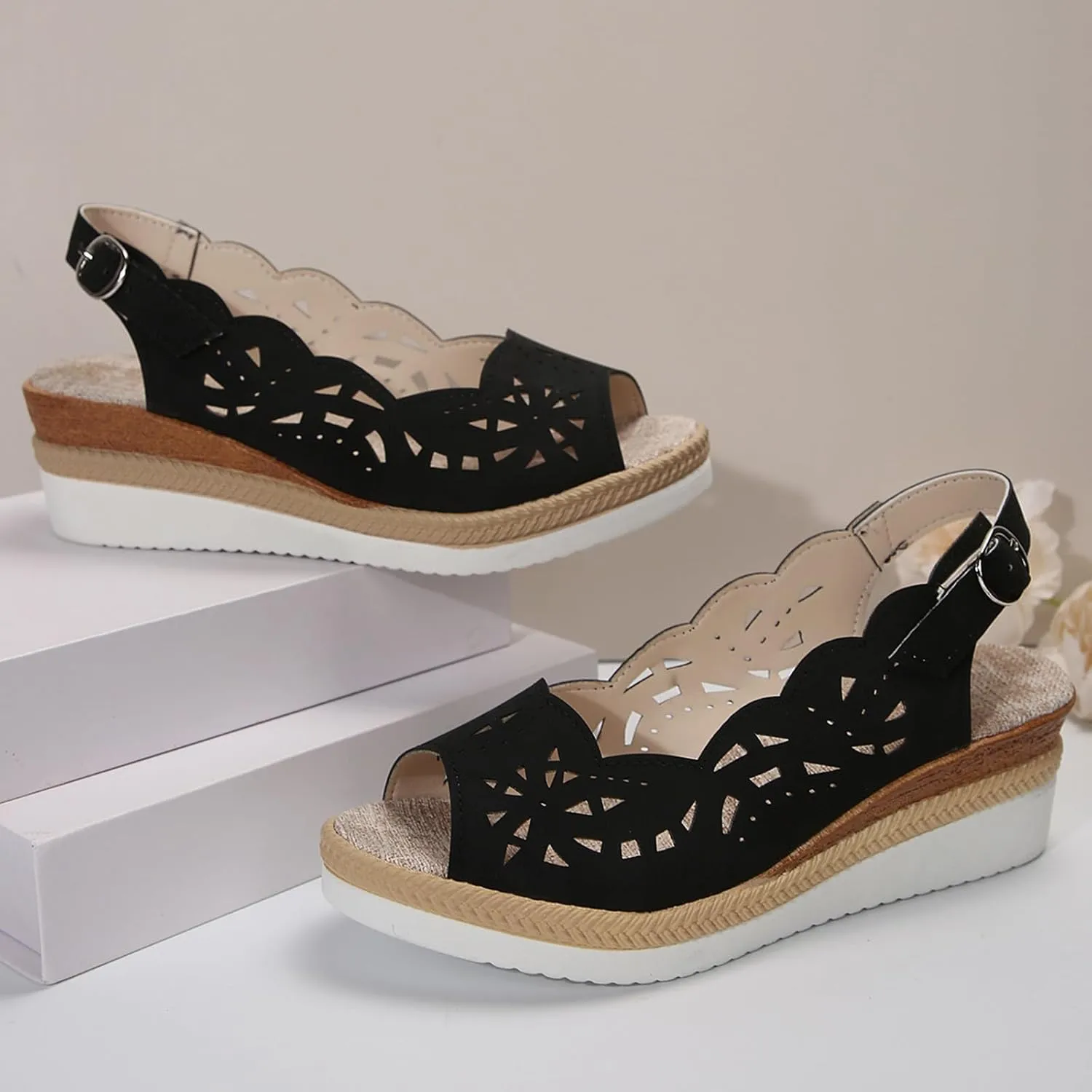 Women's Slingback Sandal Comfortable Platform Sandals Heel Cut-Out Vamp Peep Toe Buckle Sandals