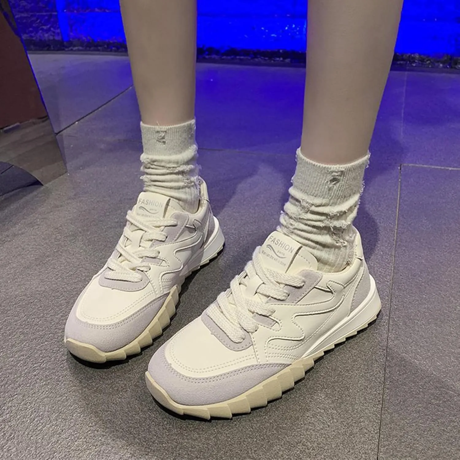 Women's Spring/Autumn Casual Sport Shoes White Dad Trainers Lightweight Breathable Soft Leather Lace-Up Fashion Sneakers