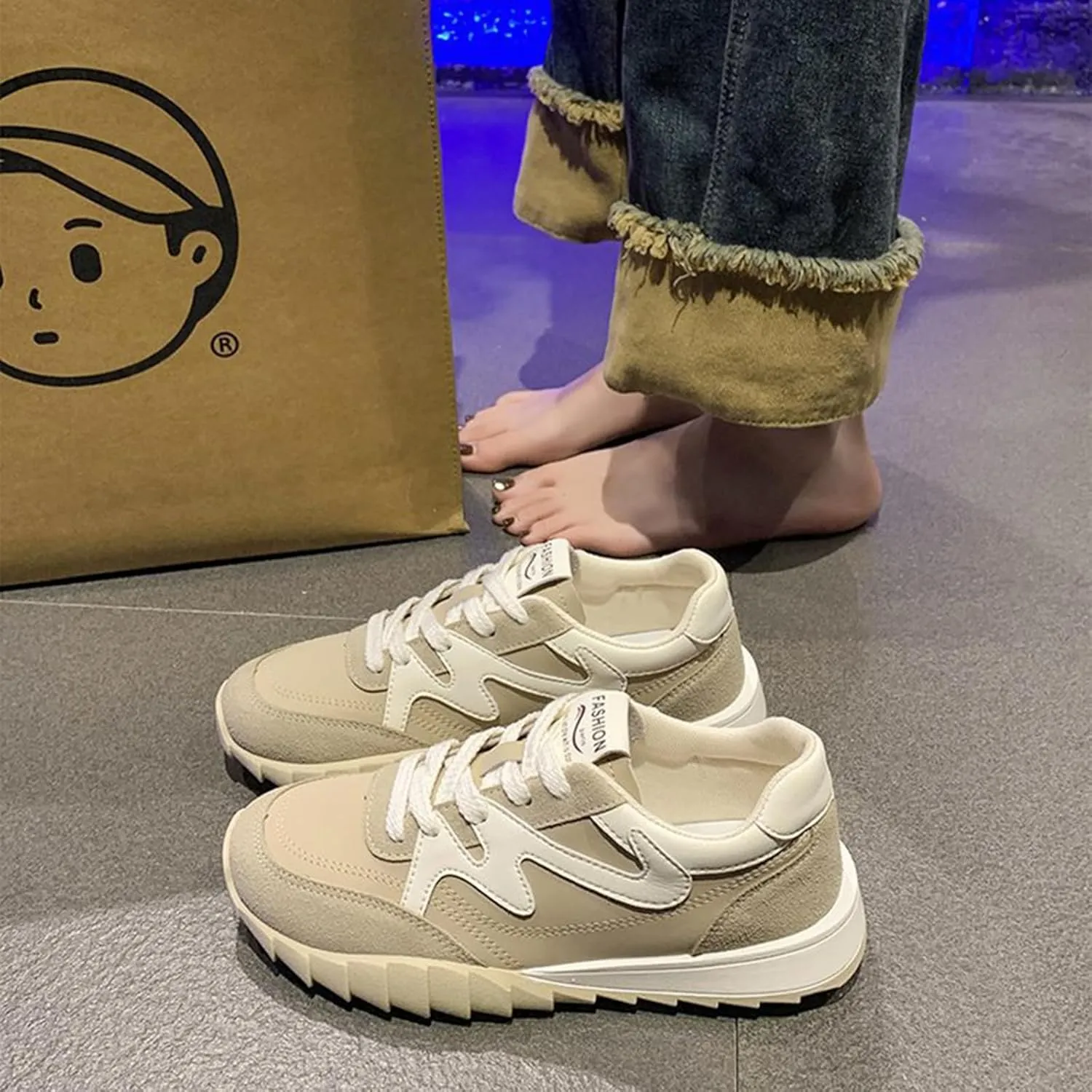 Women's Spring/Autumn Casual Sport Shoes White Dad Trainers Lightweight Breathable Soft Leather Lace-Up Fashion Sneakers
