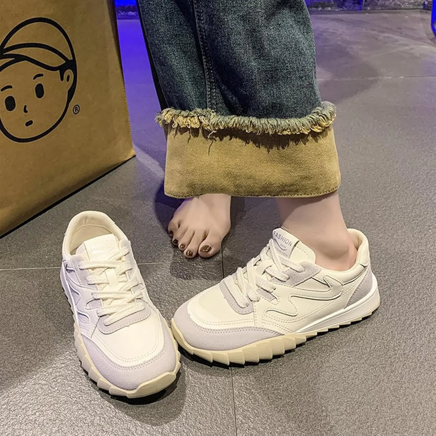 Women's Spring/Autumn Casual Sport Shoes White Dad Trainers Lightweight Breathable Soft Leather Lace-Up Fashion Sneakers