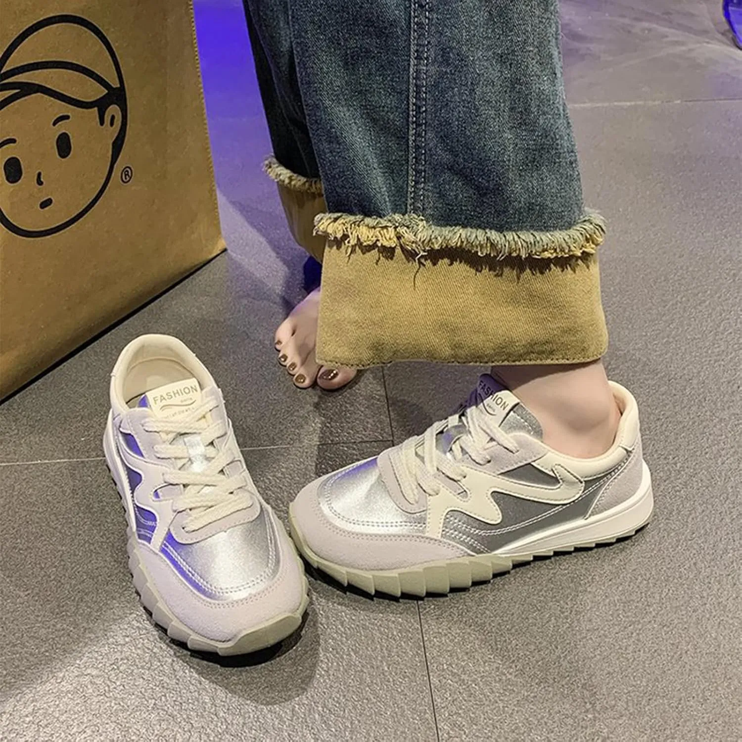 Women's Spring/Autumn Casual Sport Shoes White Dad Trainers Lightweight Breathable Soft Leather Lace-Up Fashion Sneakers