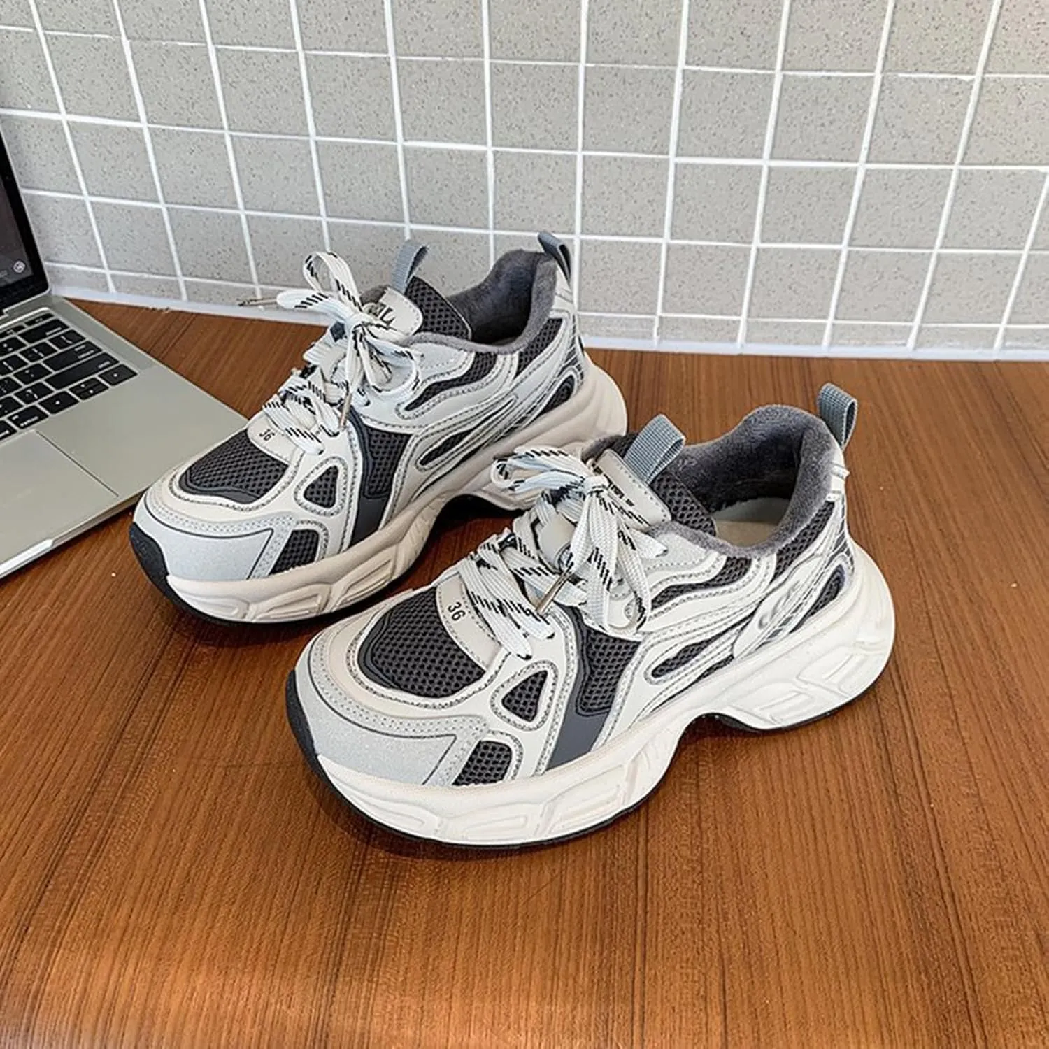 Women's Thick Bottom Silver Dad Sneakers Spring/Autumn Breathable Casual Sport Shoes with Lace-up Low Top Trainers