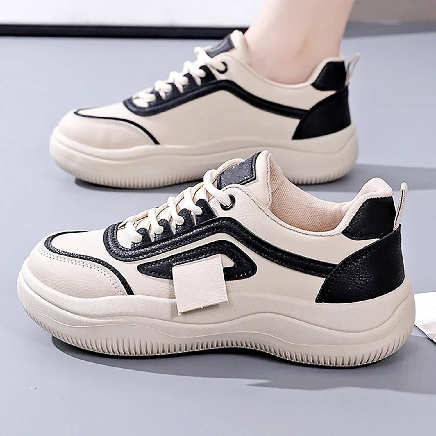 Womens Thick Sole Sneakers Comfy Lace-up Casual Breathable Soft Walking Running Shoes Comfortable Tennis Shoes Non Slip Summer Spring Women's Sneakers