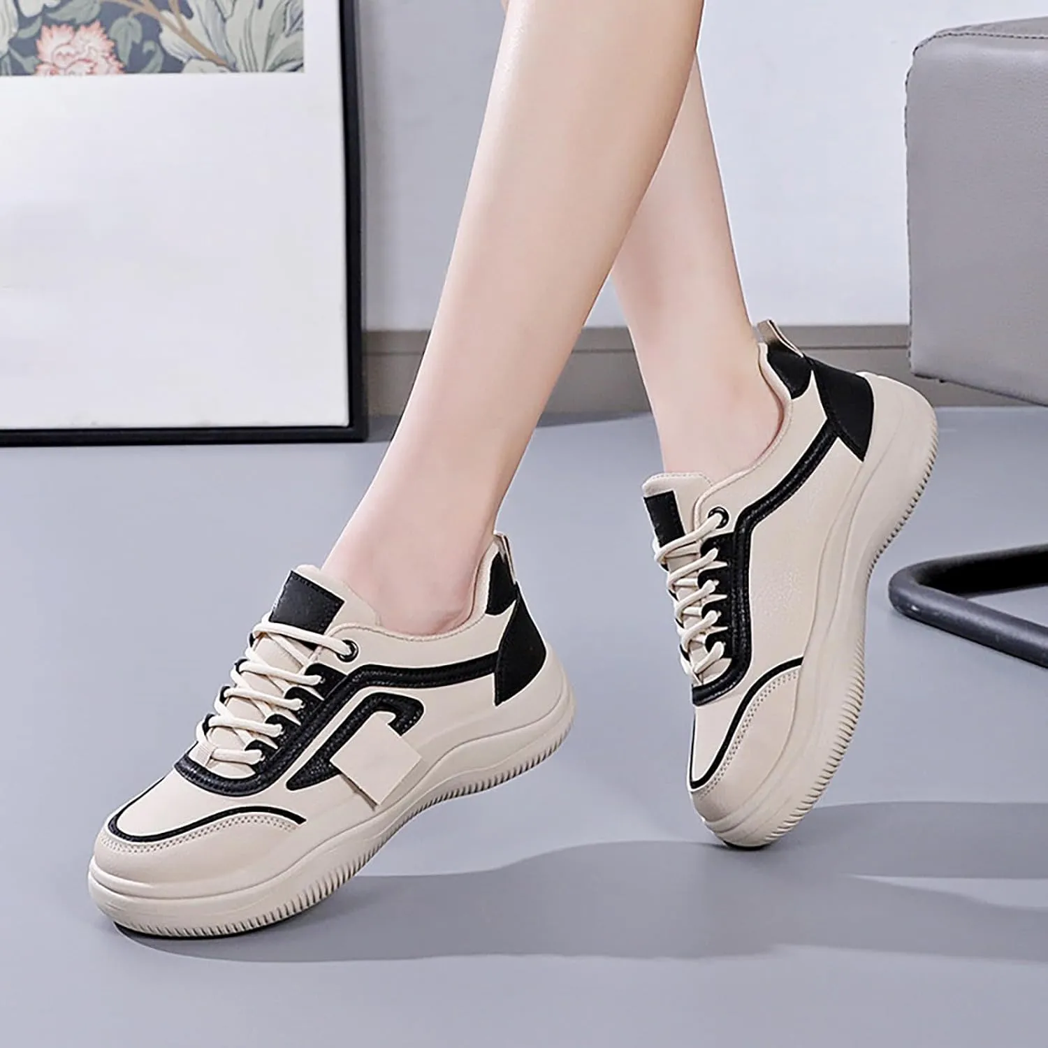 Womens Thick Sole Sneakers Comfy Lace-up Casual Breathable Soft Walking Running Shoes Comfortable Tennis Shoes Non Slip Summer Spring Women's Sneakers