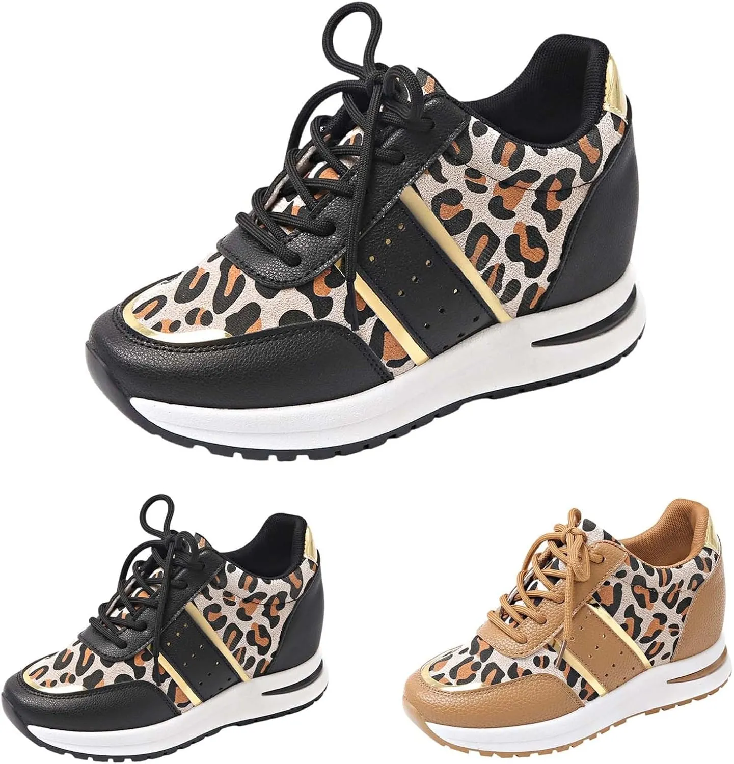 Women's Wedge Leopard Print Sports Shoes Closed Head Sneakers Heeled Womens Fashion Shoes Lightweight Casual Lace-up Outdoor Cute Sport Shoe