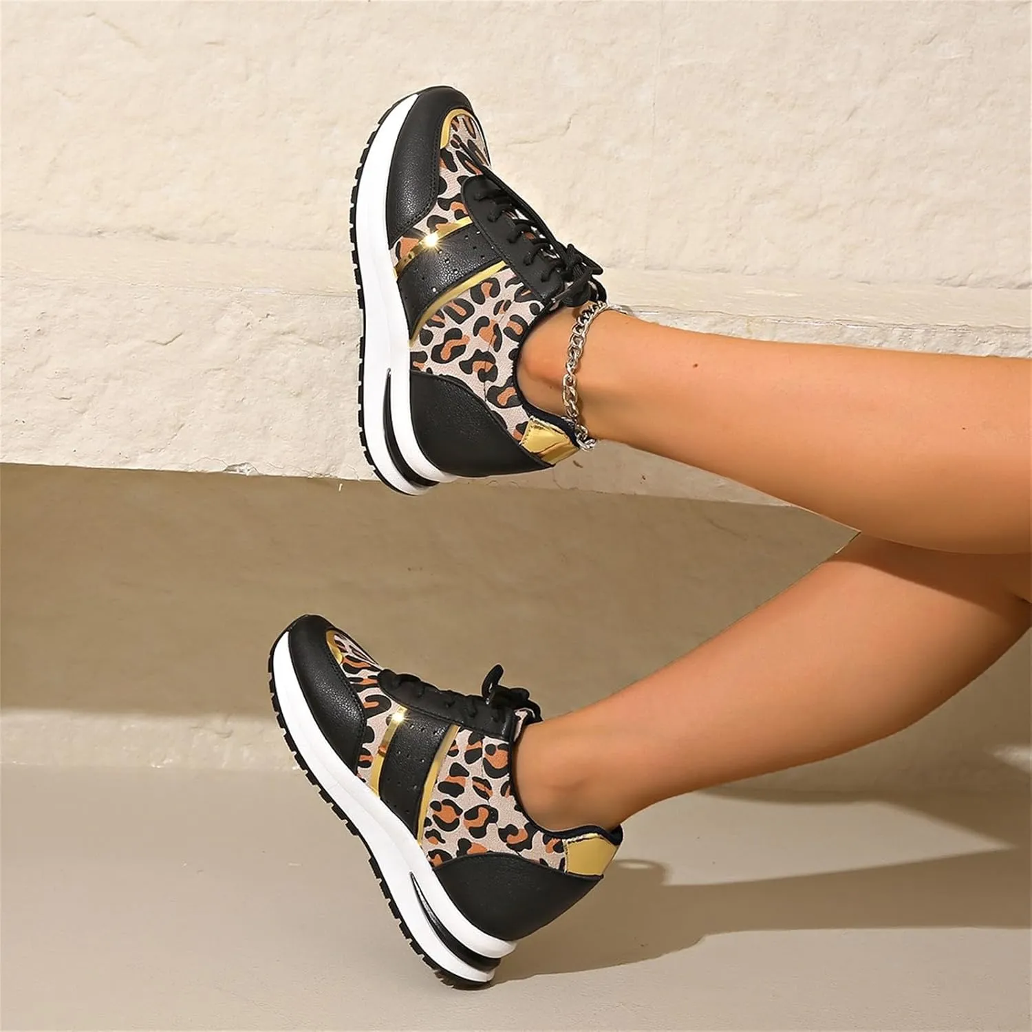 Women's Wedge Leopard Print Sports Shoes Closed Head Sneakers Heeled Womens Fashion Shoes Lightweight Casual Lace-up Outdoor Cute Sport Shoe