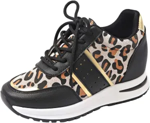Women's Wedge Leopard Print Sports Shoes Closed Head Sneakers Heeled Womens Fashion Shoes Lightweight Casual Lace-up Outdoor Cute Sport Shoe