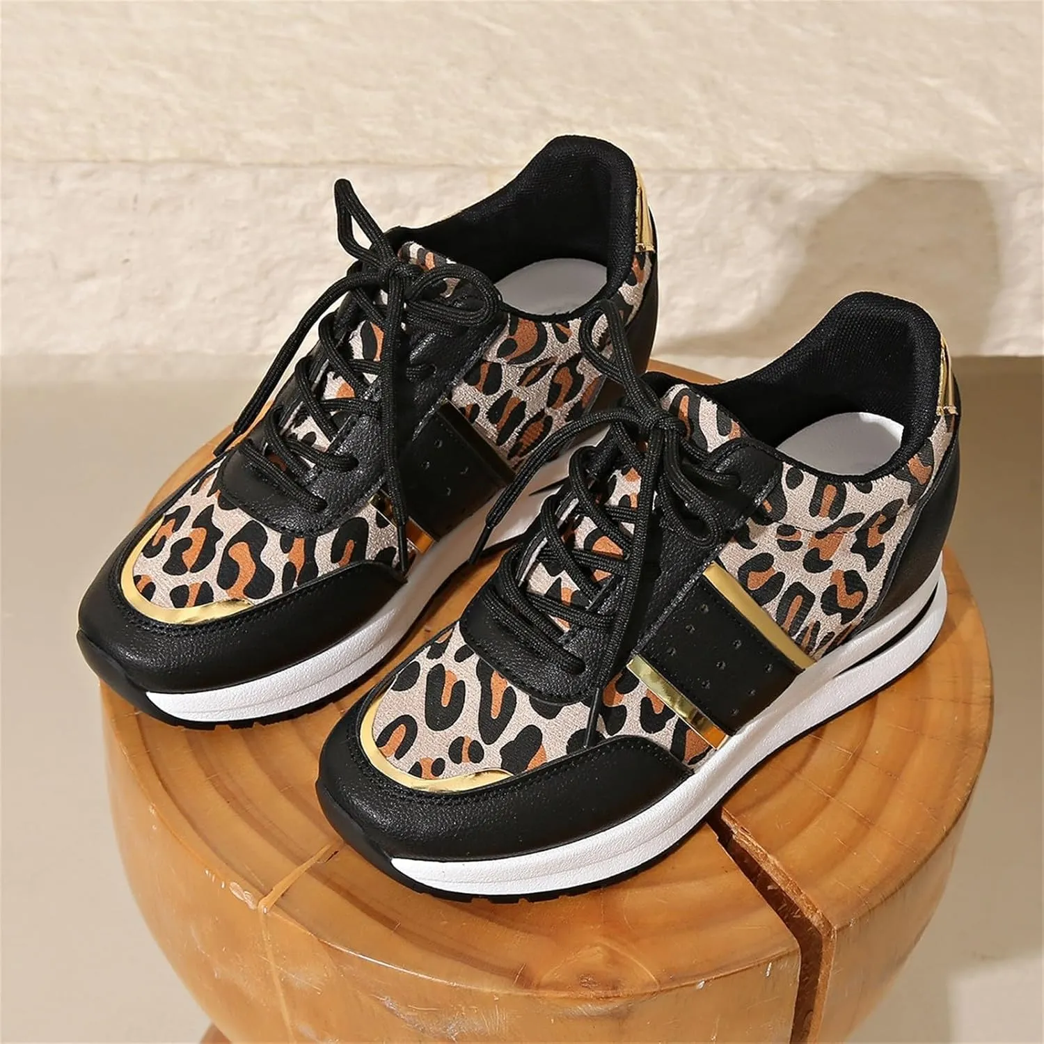 Women's Wedge Leopard Print Sports Shoes Closed Head Sneakers Heeled Womens Fashion Shoes Lightweight Casual Lace-up Outdoor Cute Sport Shoe