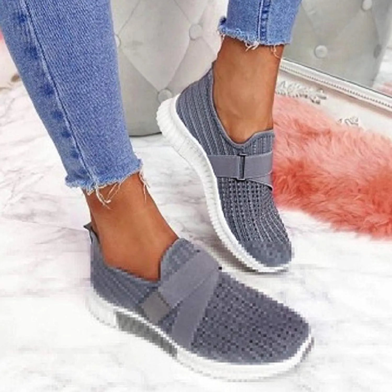 ZSpzx Arch Support Mesh Flats Shoes for Women Comfort Walking Sneakers Slip On Lightweight Comfy Breathable Slip On Shoes with Elastic Band Mesh Trainers Casual Low Top Shoes for Jogging Running