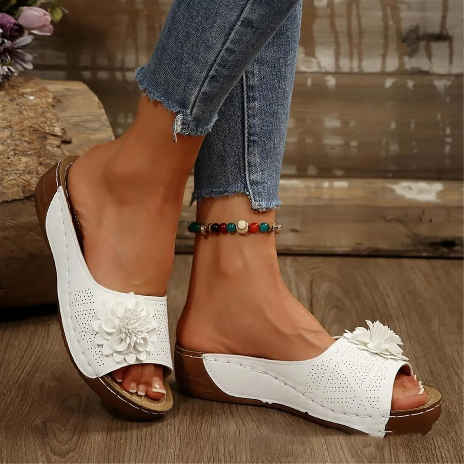 ZWRXW Orthopedic Sandals for Women,Arch Support Summer Beach Sandals,Fish Mouth Open Toe Leather Slippers,Chic Flowers Bohemian Flip Flops,Dressy Wedge Comfort Platform Sandal